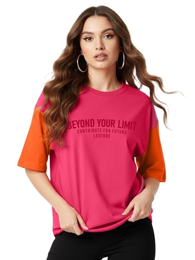 LEOTUDE Half Sleeve Cottonblend Oversized Tshirt for Women
