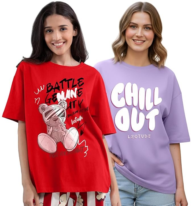 LEOTUDE Half Sleeve Cottonblend Oversized Tshirt for Women
